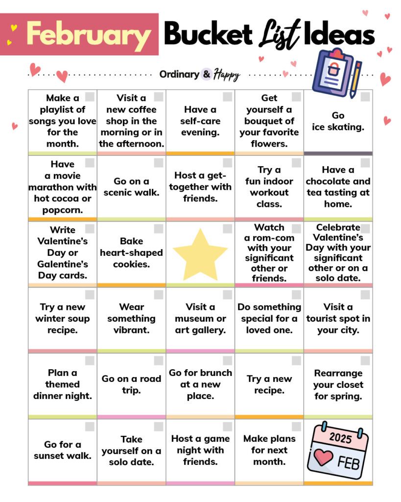 february bucket list ideas consisting of 28 ideas displayed in a 5x6 grid format