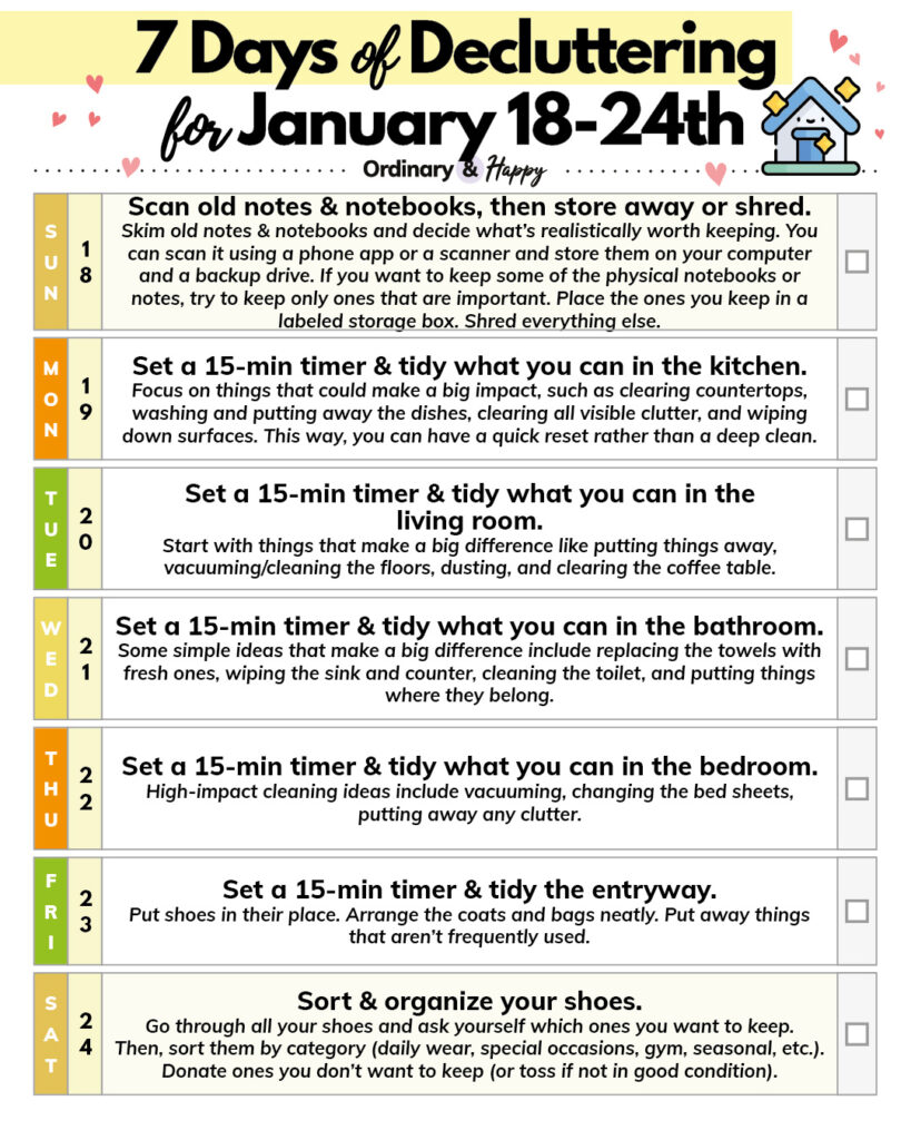 7 Days of Decluttering for January 18-24th listing the ideas.