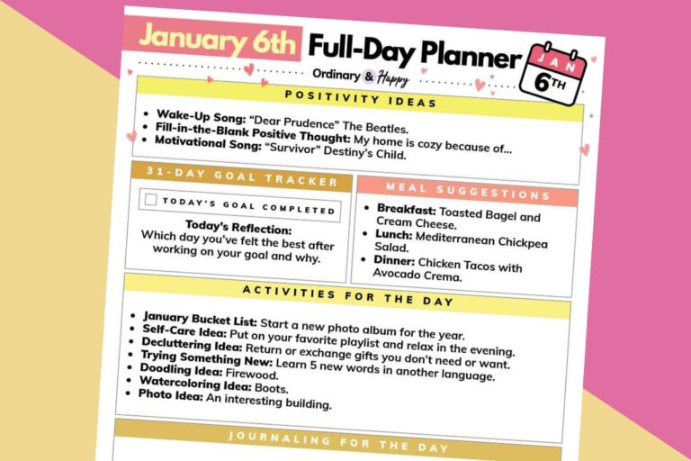 january 6th planner printable displayed on a pink and orange background