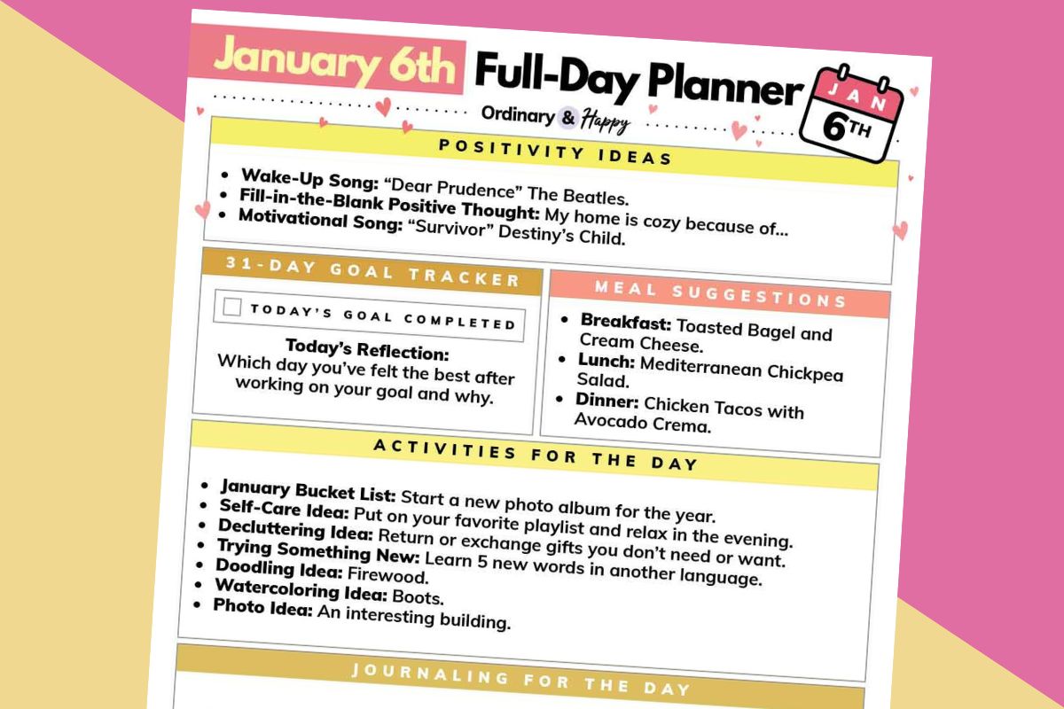 january 6th planner printable displayed on a pink and orange background