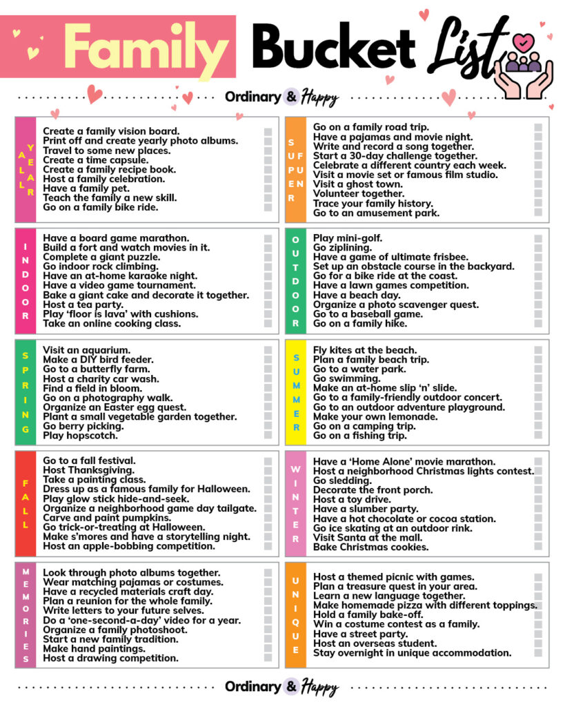 list of over 90 family bucket list ideas listed in 10 different color-coded sections in a 2x5 formation with up to 10 listed ideas in each section