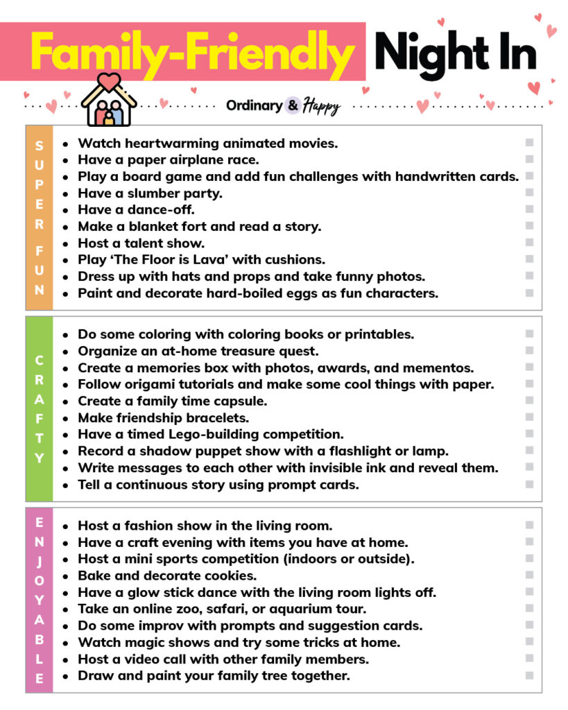 selection of family-friendly night in ideas with 3 separate listicles for fun, crafty, and enjoyable ideas