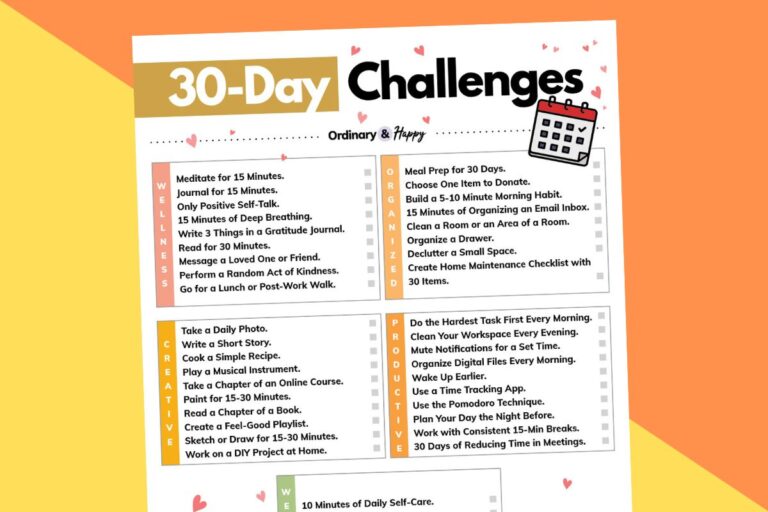 30-day challenges printable list displayed on a yellow and orange block color backdrop