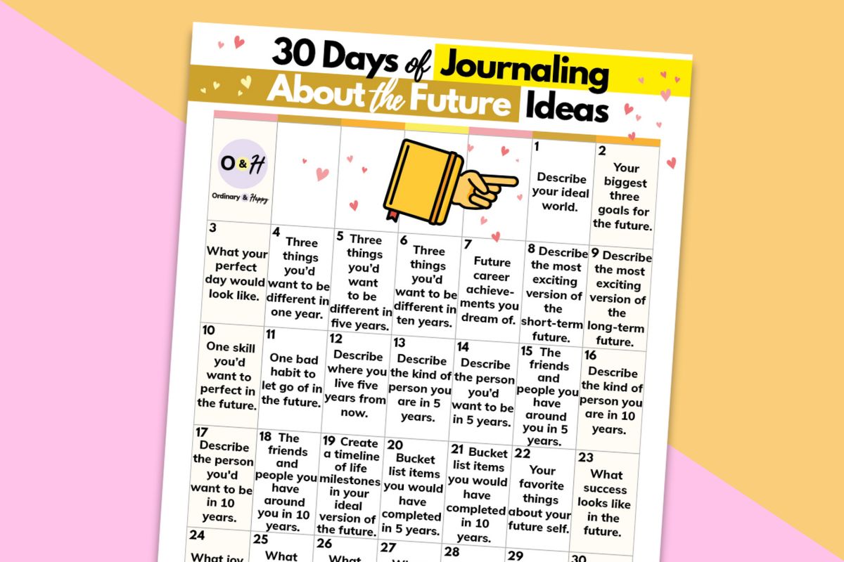 30-day journaling about the future calendar printable on a lilac and orange background
