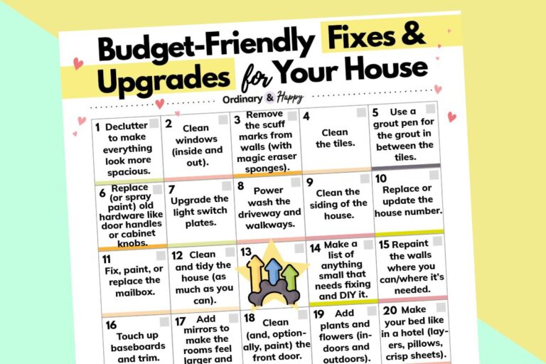 selection of easy fixes and upgrades for the home in a printable displayed on a yellow background