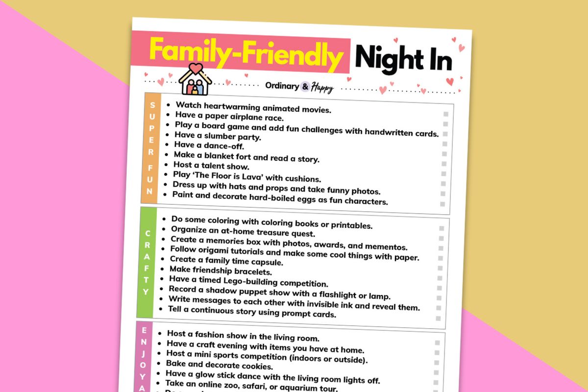 family-friendly night in ideas printable on an orange and pink background