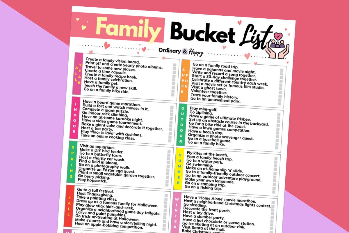 printable family bucket list displayed on a lilac and red 2-color background