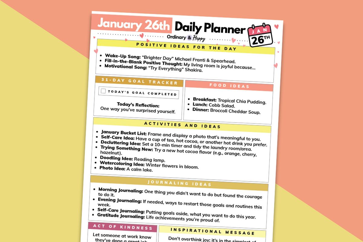 january 26th daily planner printable on a red and yellow background