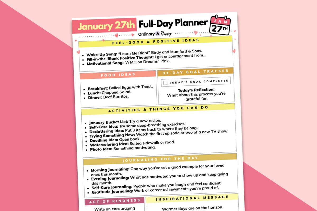 january 27th daily planner titled to the left displayed on a light pink and red diagonal 2-color background