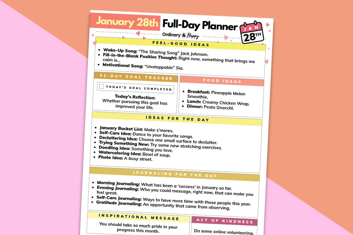 january 28th daily planner displayed on a lilac and orange-red 2-color background