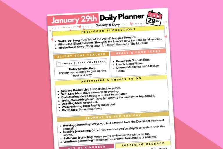 january 29th daily planner printable tilted to the left displayed on a pink and red block color background
