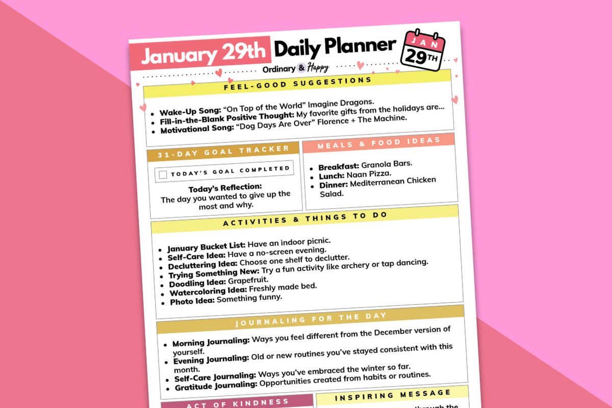 january 29th daily planner printable tilted to the left displayed on a pink and red block color background