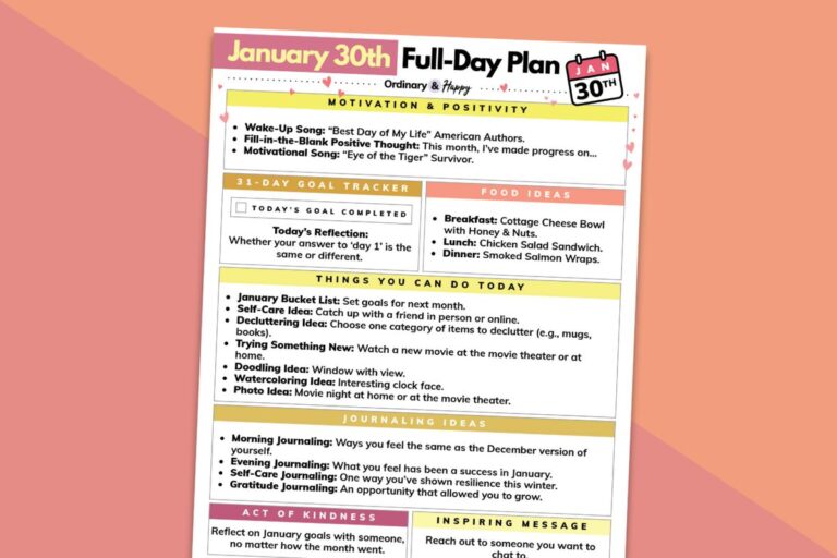 january 30th daily planner printable displayed on a red and orange block color background