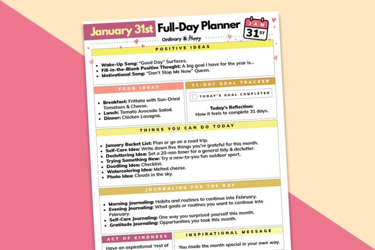 january 31st daily planner displayed on a peach and pink 2-color background