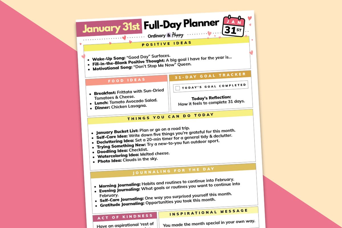 january 31st daily planner displayed on a peach and pink 2-color background