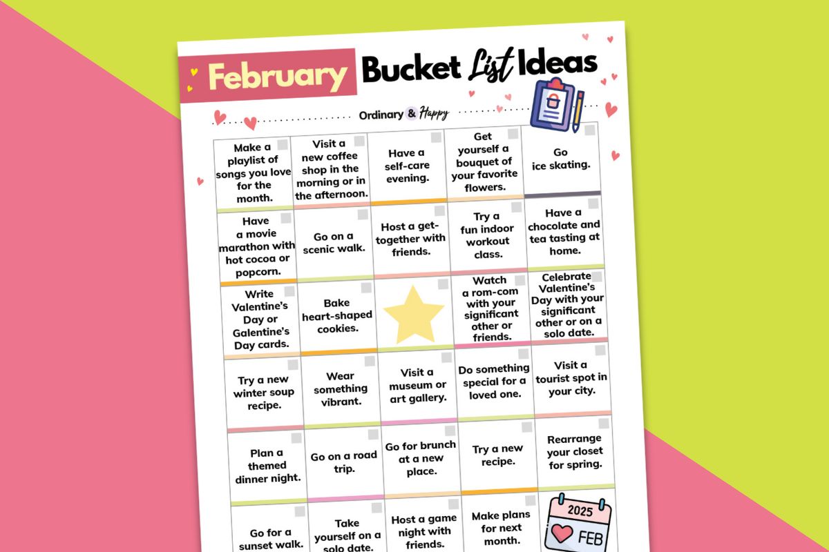 february bucket list printable displayed on a yellow and red-pink background