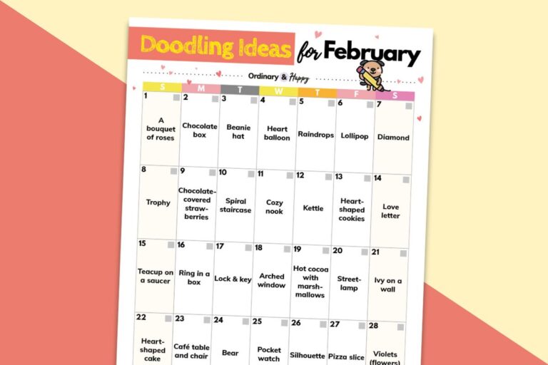 february doodling ideas calendar on a light lemon and red block color background