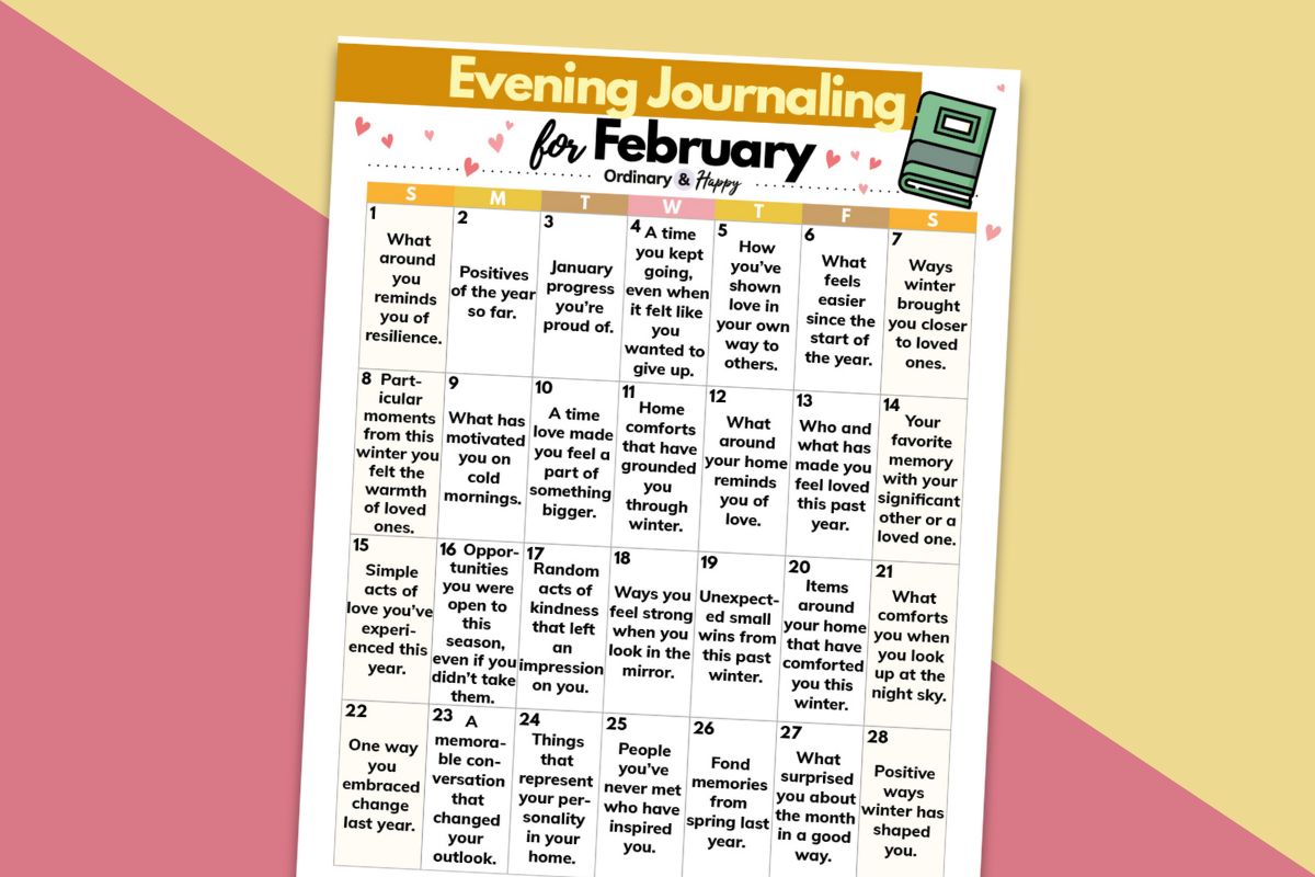 evening journaling calendar printable displayed on an orange and red block color background