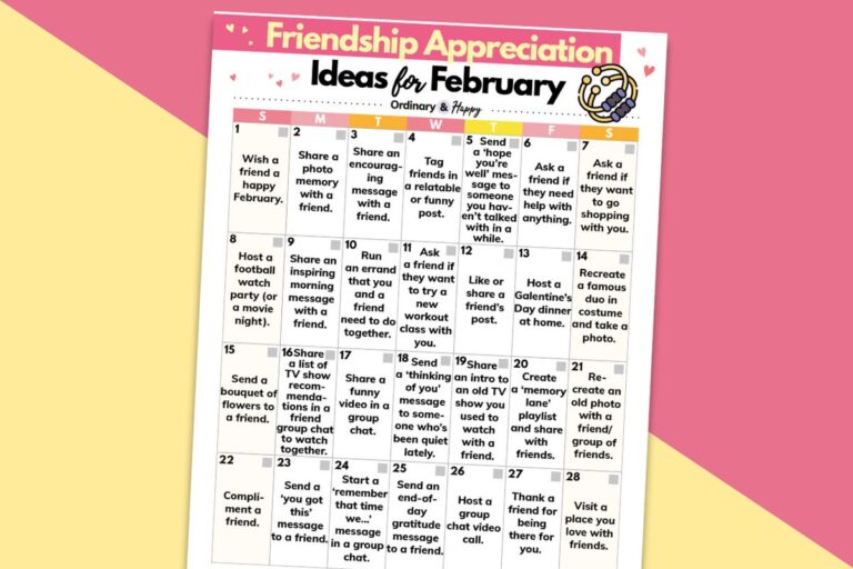 february friendship appreciation ideas printable displayed on a yellow and pink block color backdrop