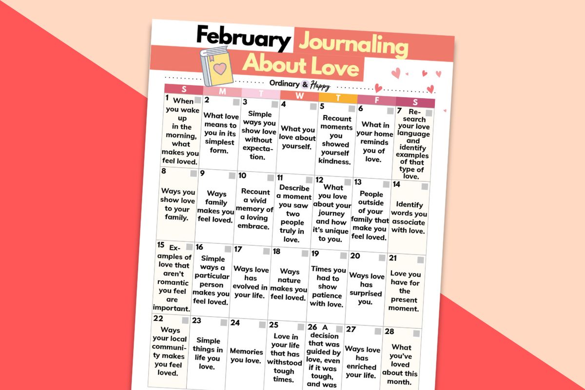calendar of journaling prompts about love for february displayed on a red and peach colored background