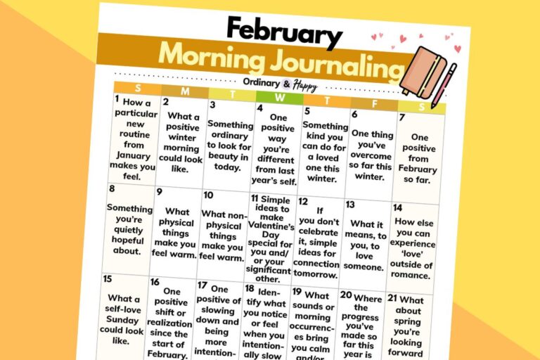 february morning journaling calendar printable on a peach and yellow background