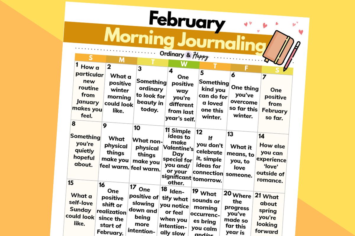 february morning journaling calendar printable on a peach and yellow background