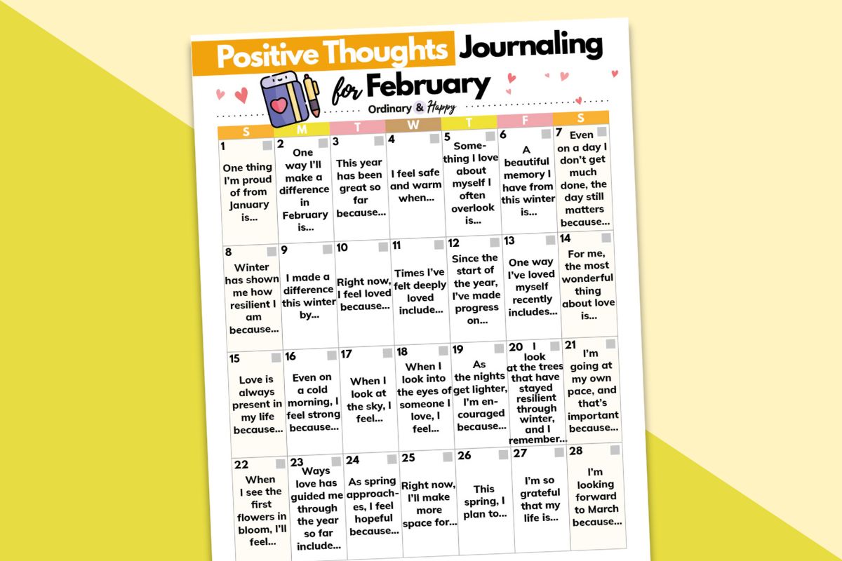 positive thoughts journaling calendar for the month of february displayed on a 2-color yellow background