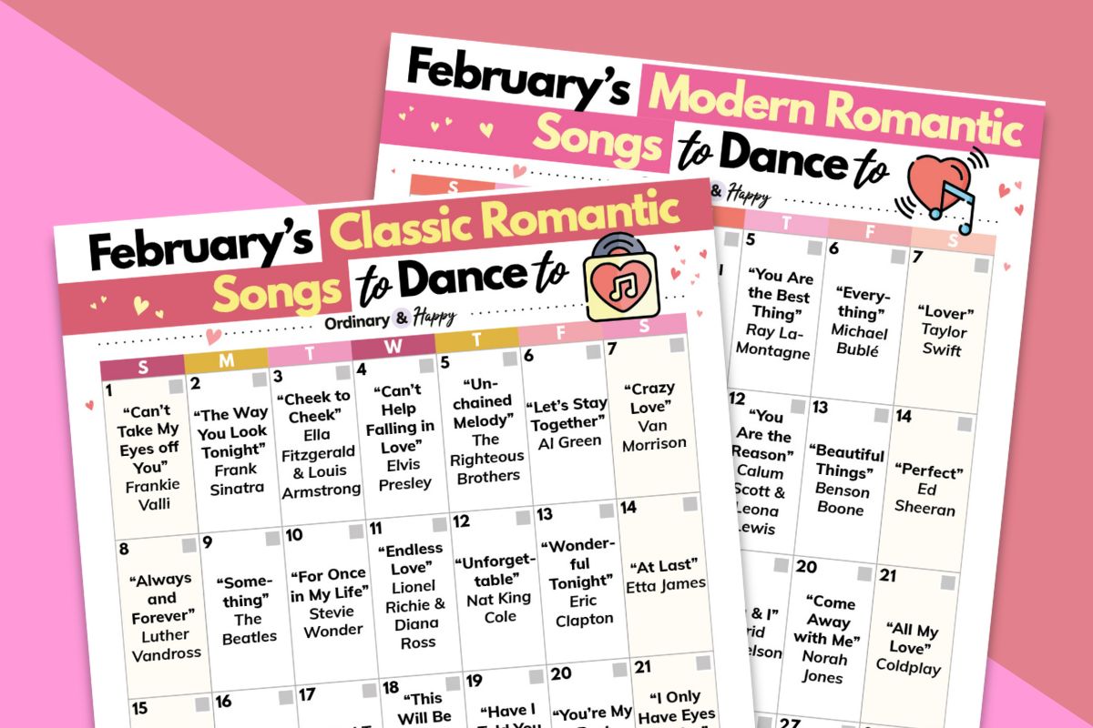 Classic and modern romantic songs to dance to calendars for February.