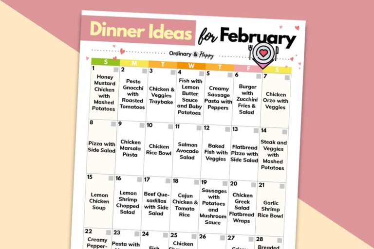 february dinner ideas calendar displayed on a peach and red block color backdrop