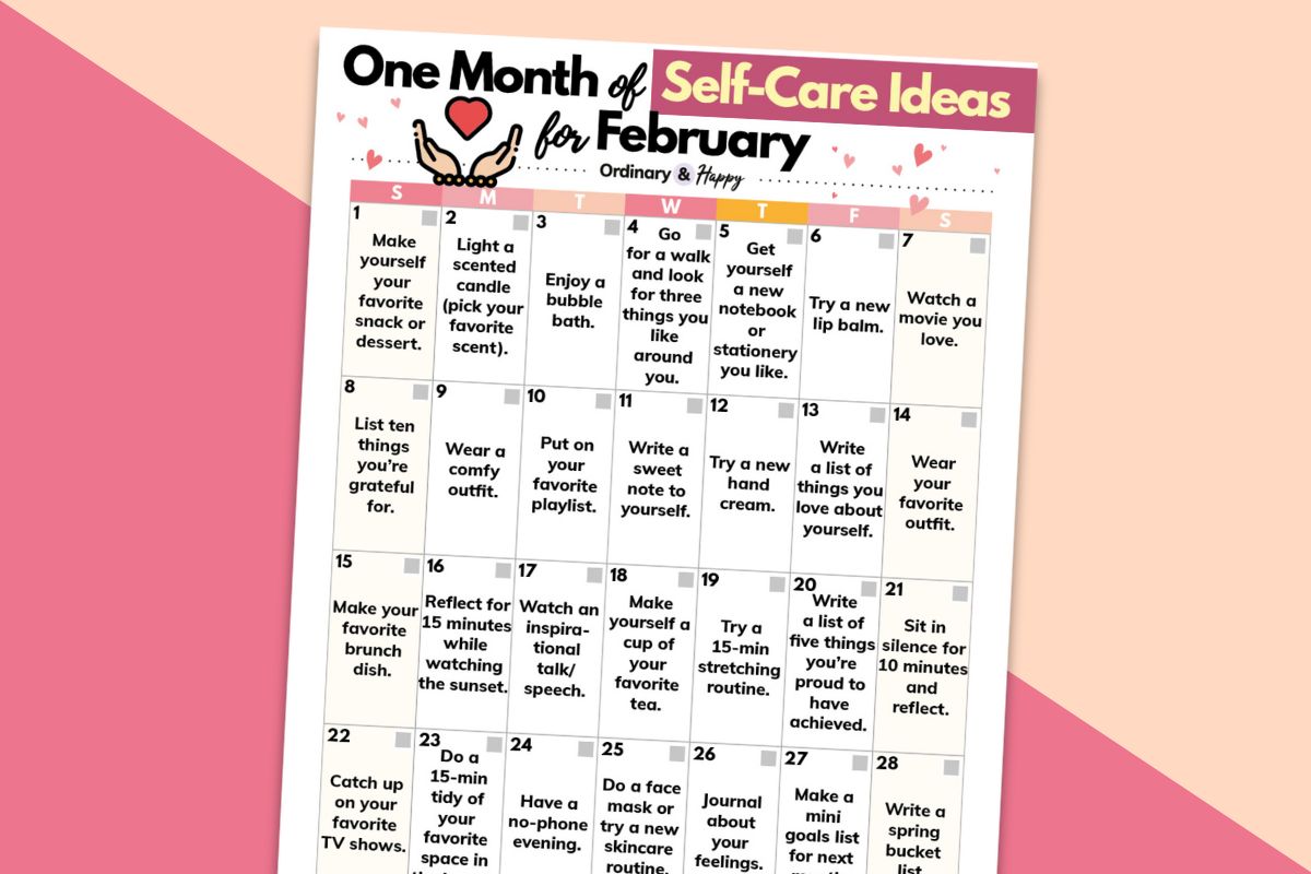 february self-care ideas calendar on a pink and peach diagonal 2-color background