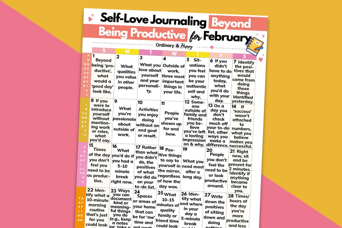 february self-love journaling beyond being productive calendar displayed on a pink and orange background