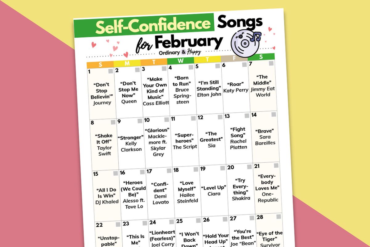 calender of self-confidence songs for the month of february laid out on a yellow and red background