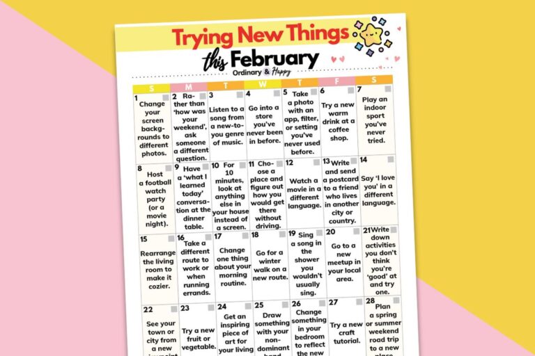 february calendar of trying new things ideas displayed on a yellow and pink background