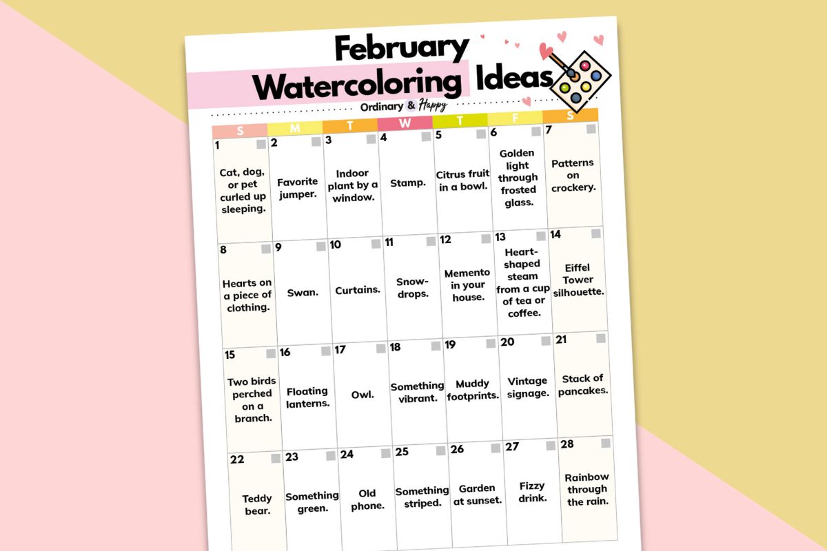 february watercoloring ideas calendar printable on a pink and orange pastel colored background