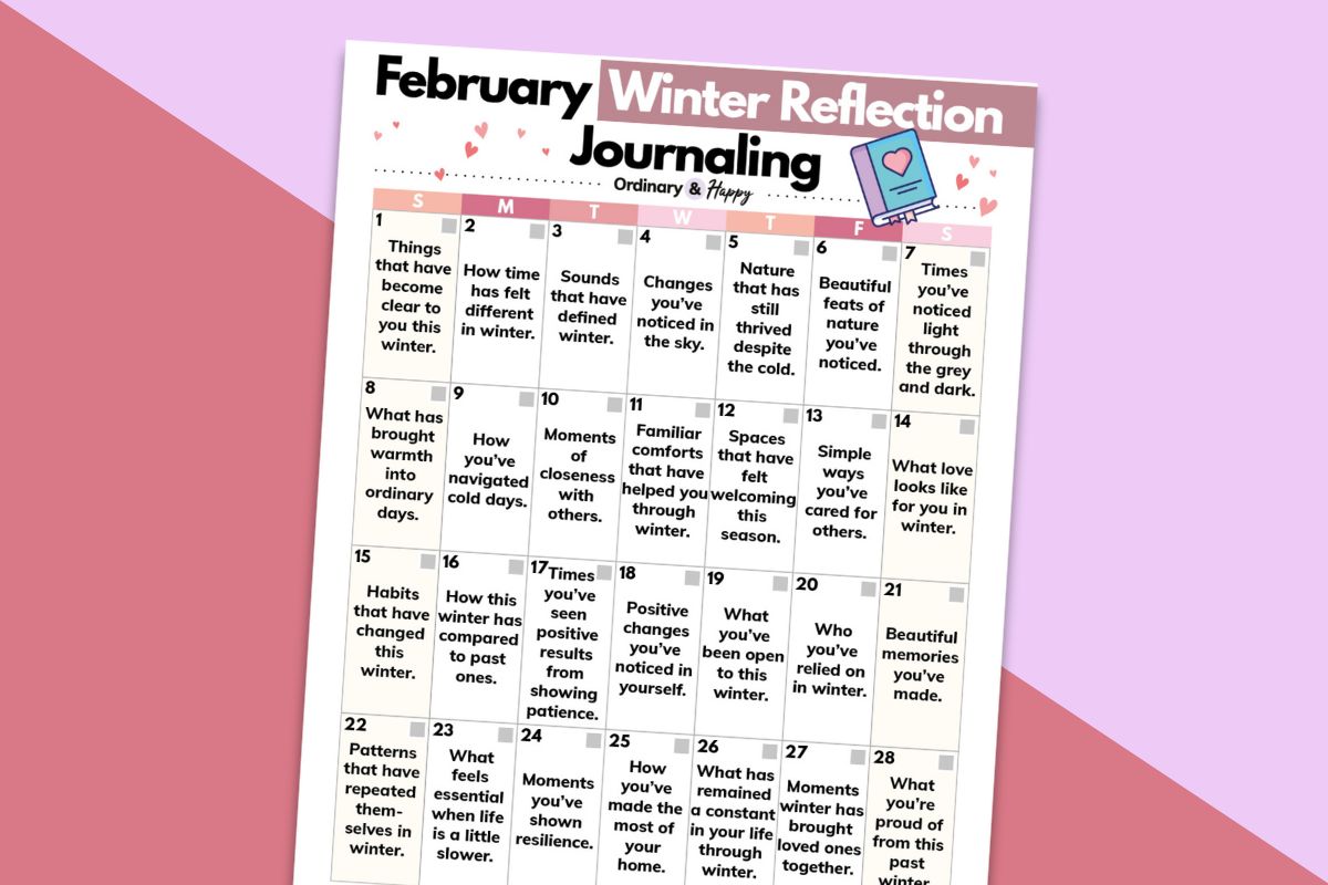 february winter reflection journaling calendar displayed on a lilac and red background