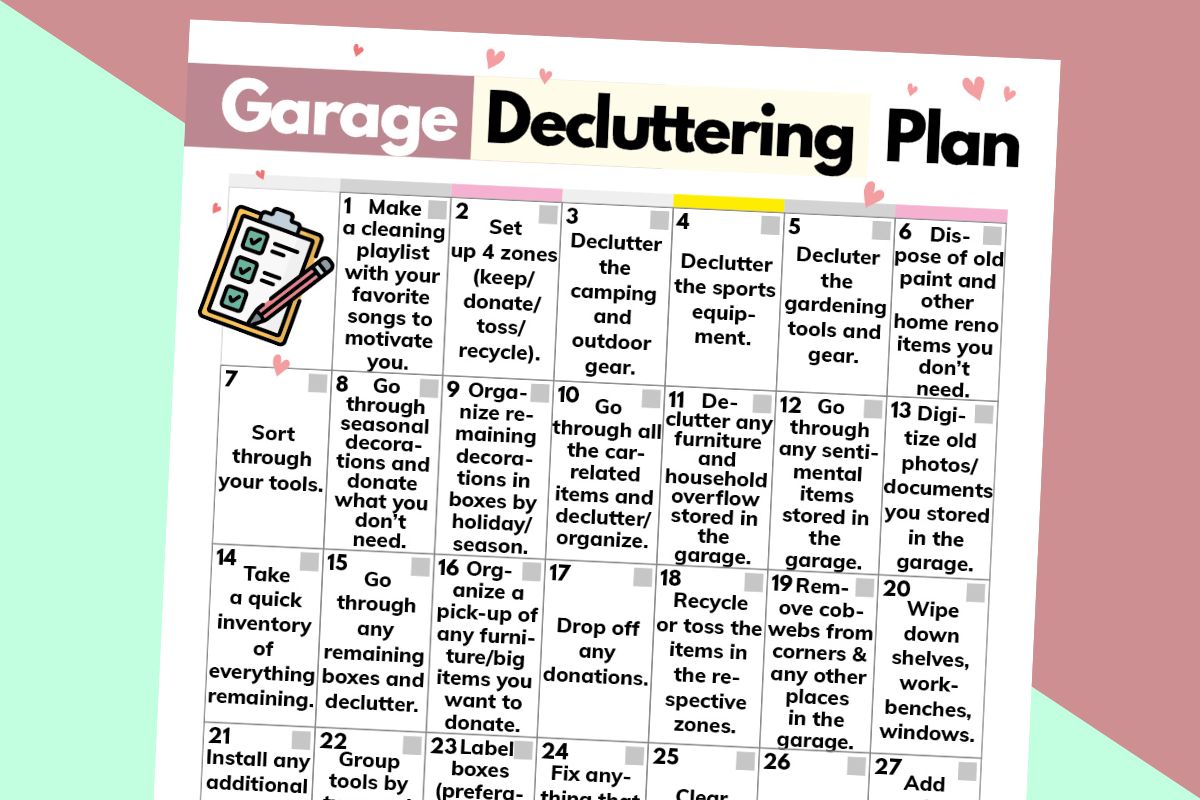 garage decluttering plan printable on a 2-color background