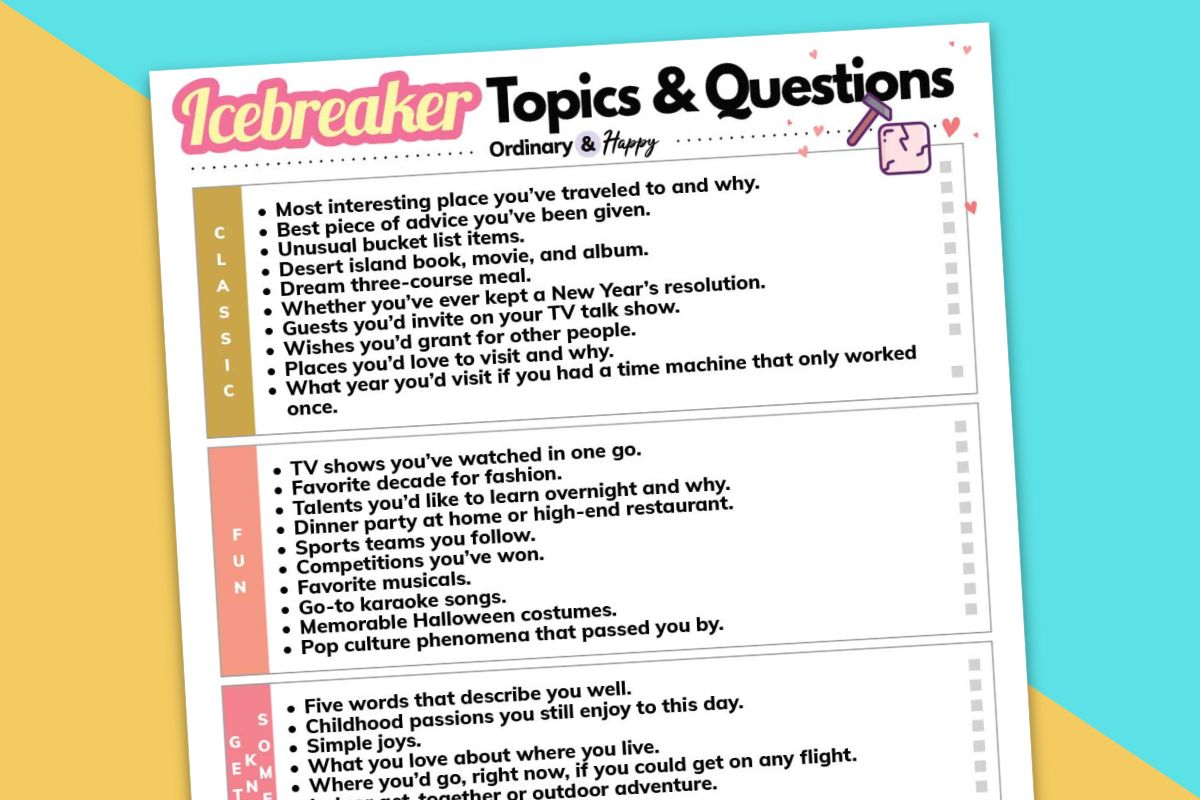 selection of icebreaker questions listed on a printable against a turquoise and yellow backdrop