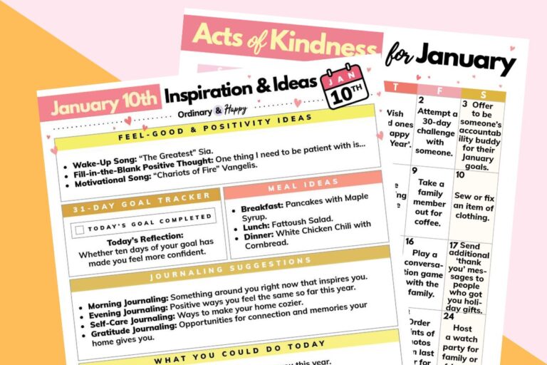 january 10th daily planner and january acts of kindness calendar displayed on a diagonal 2-color crimson and orange background