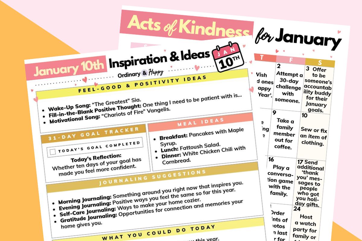 january 10th daily planner and january acts of kindness calendar displayed on a diagonal 2-color crimson and orange background