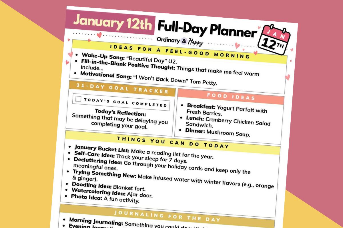 january 12th daily planner printable displayed on a yellow and crimson background