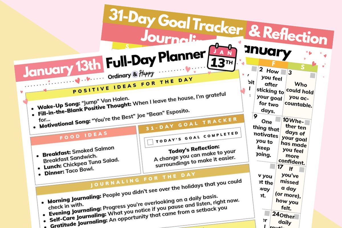 january 13th daily planner and january goal tracker printable displayed overlapping on a light yellow and light crimson background