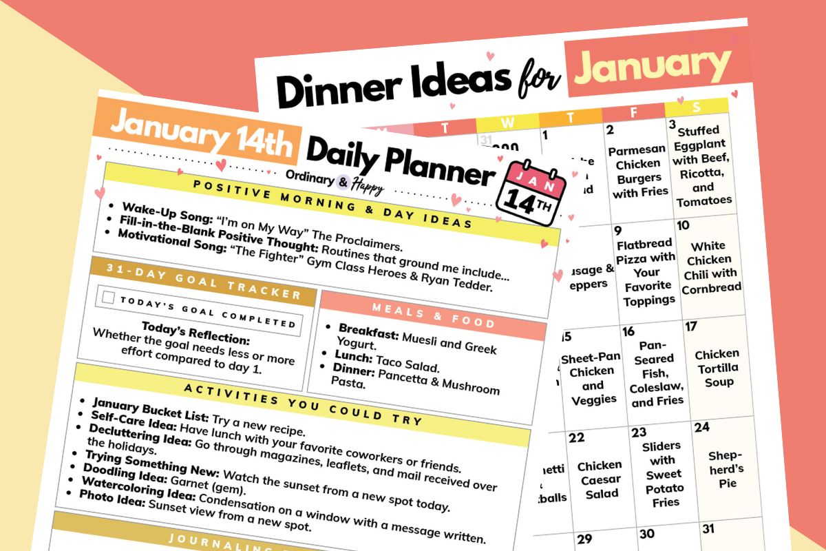 january 14th daily planner printable and meal ideas printable displayed on a yellow and red block color background
