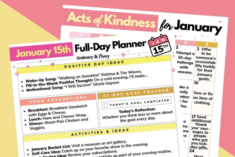 january 15h daily planner and acts of kindness calendar displayed on a yellow and red block color background