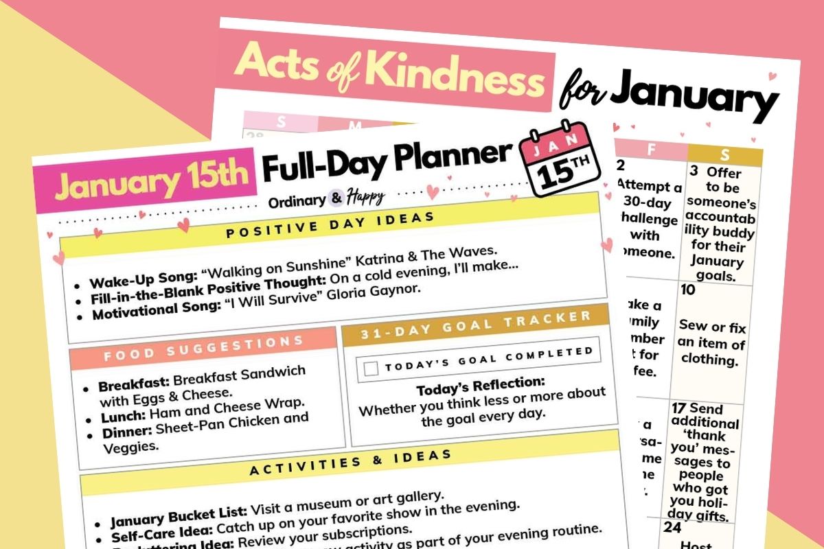 january 15h daily planner and acts of kindness calendar displayed on a yellow and red block color background