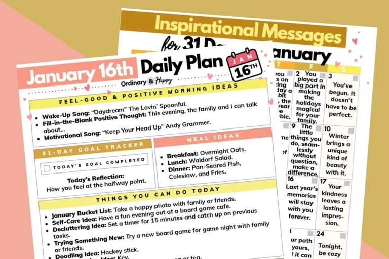 january 16th dailt planner and inspirational messages calendar displayed on an orange and pink background