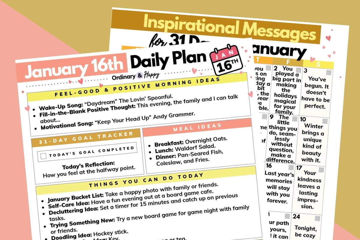 january 16th dailt planner and inspirational messages calendar displayed on an orange and pink background