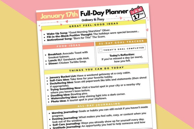 january 17th daily planner displayed on an orange and pink block color background