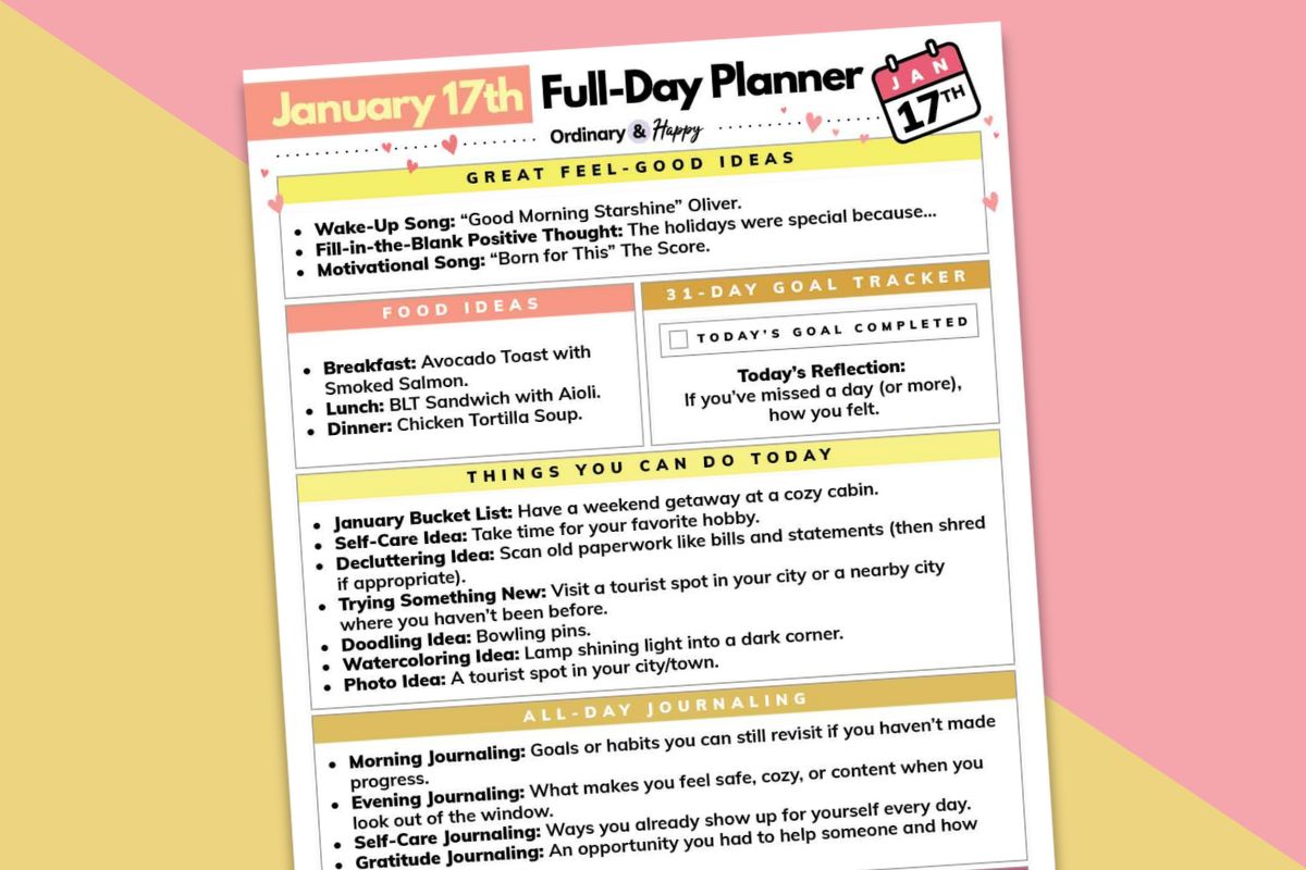 january 17th daily planner displayed on an orange and pink block color background