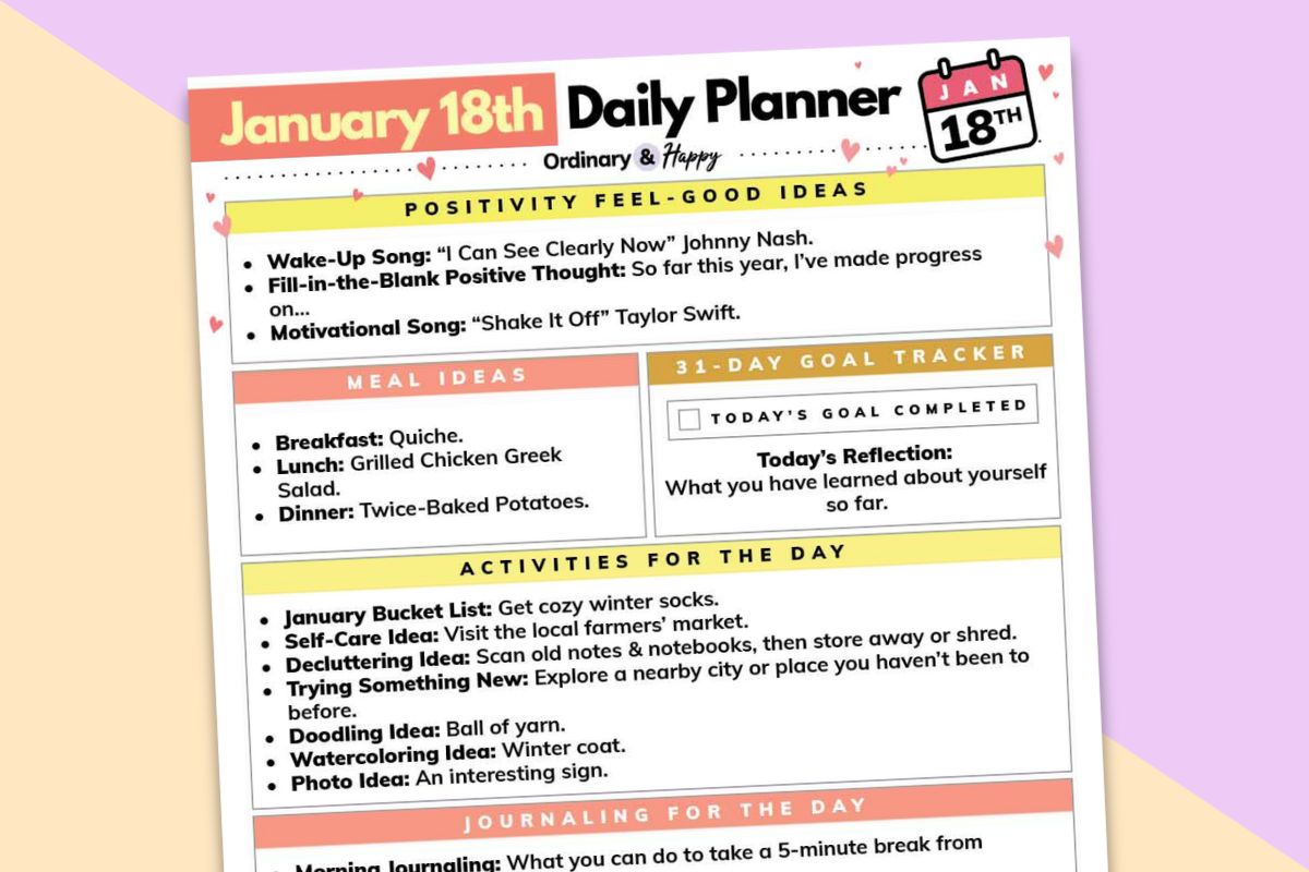 daily planner printable for january 18th on a lilac and light yellow background tilted to the left
