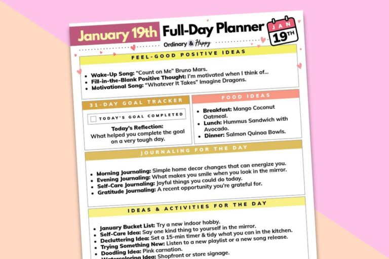 january 19th daily planner printable on a peach and lilac block color background